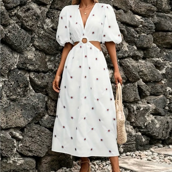 Vibrant White Floral Puff Sleeve Dress - Chic V-Neck & Trendy Cut-Outs Sz S NWT - Picture 3 of 10